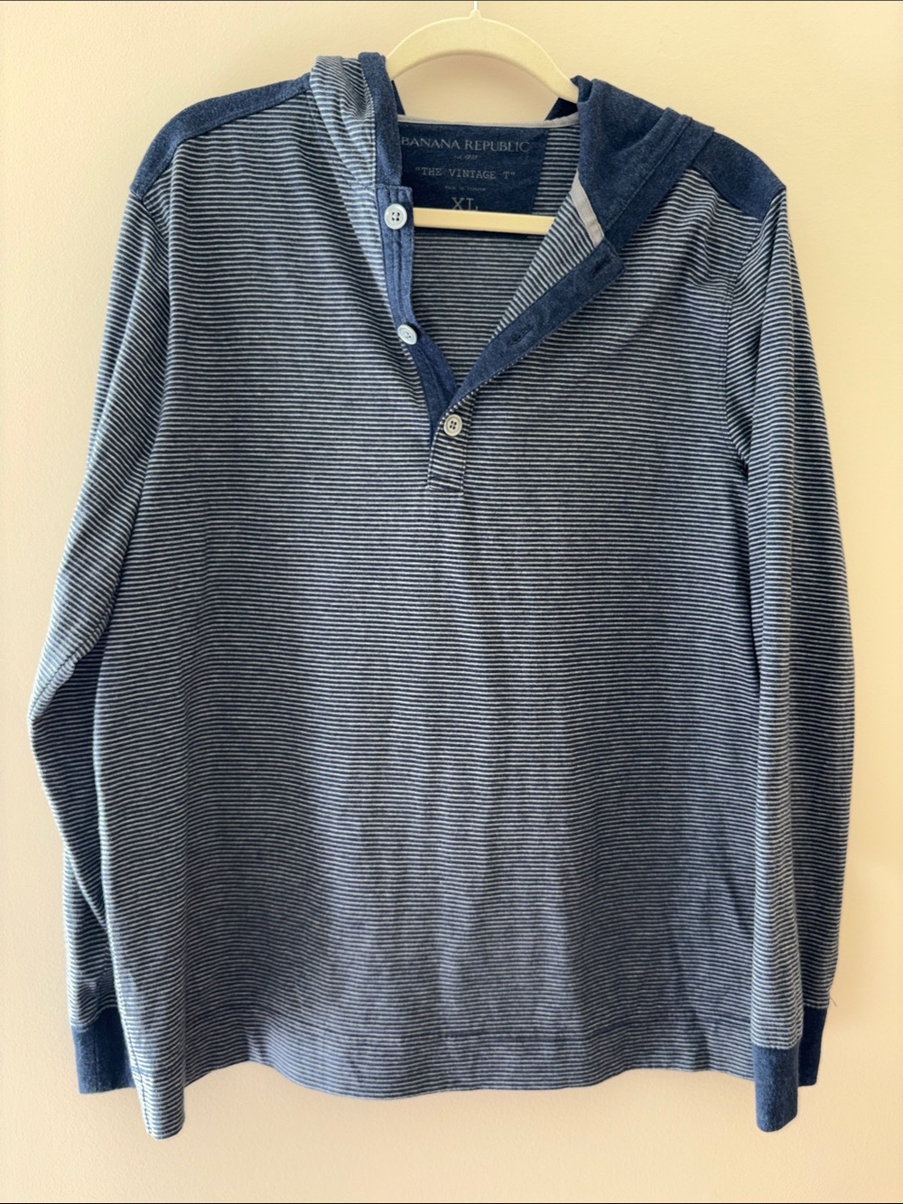 Banana Republic Men's Navy and White Striped Hooded Zip Long Sleeved Shirt